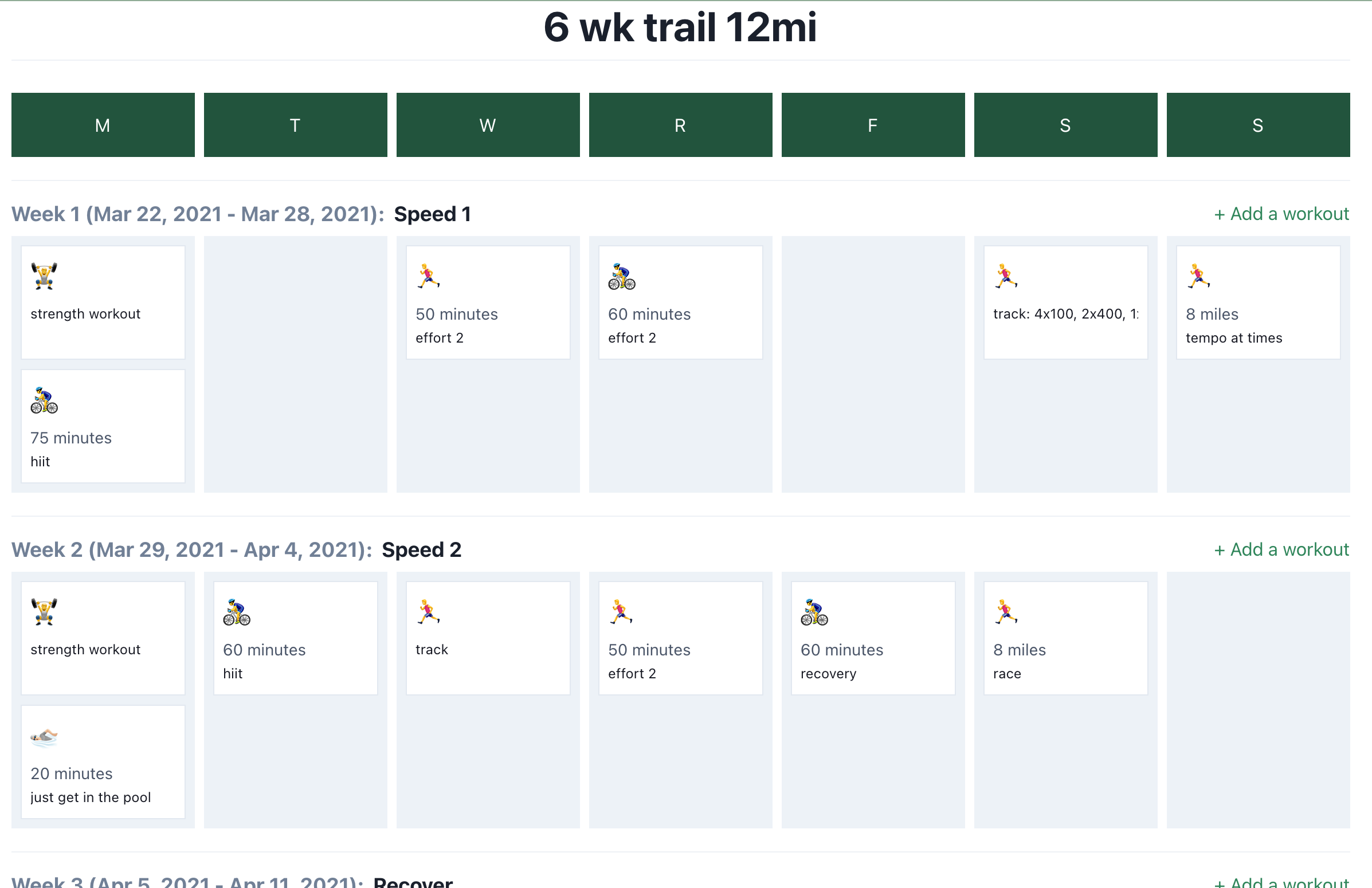 My training journal app, showing two weeks worth of workouts